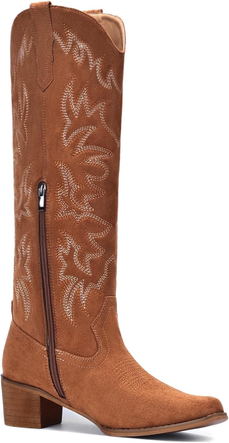 image:imageIUV Cowboy Boots For Women Knee High Western Cowgirl Boots Snip Toe Side Zipper Chunky HeelSuede Brown