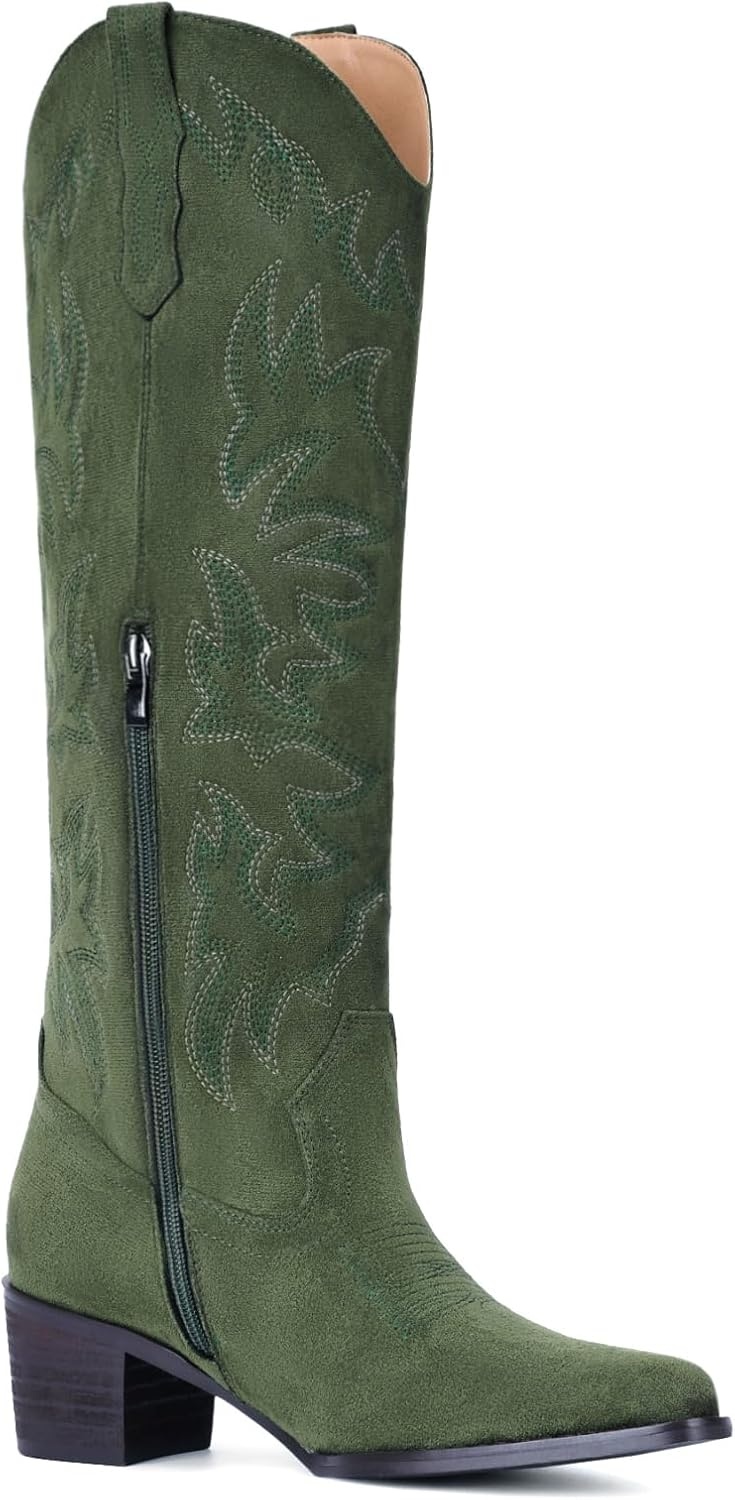 image:imageIUV Cowboy Boots For Women Knee High Western Cowgirl Boots Snip Toe Side Zipper Chunky HeelSuede Green