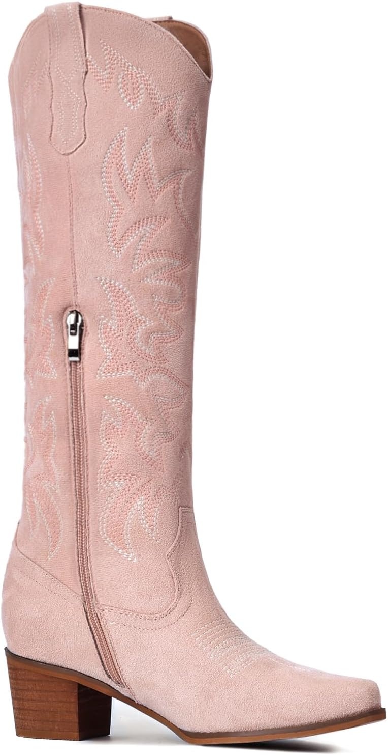 image:imageIUV Cowboy Boots For Women Knee High Western Cowgirl Boots Snip Toe Side Zipper Chunky HeelSuede Pink