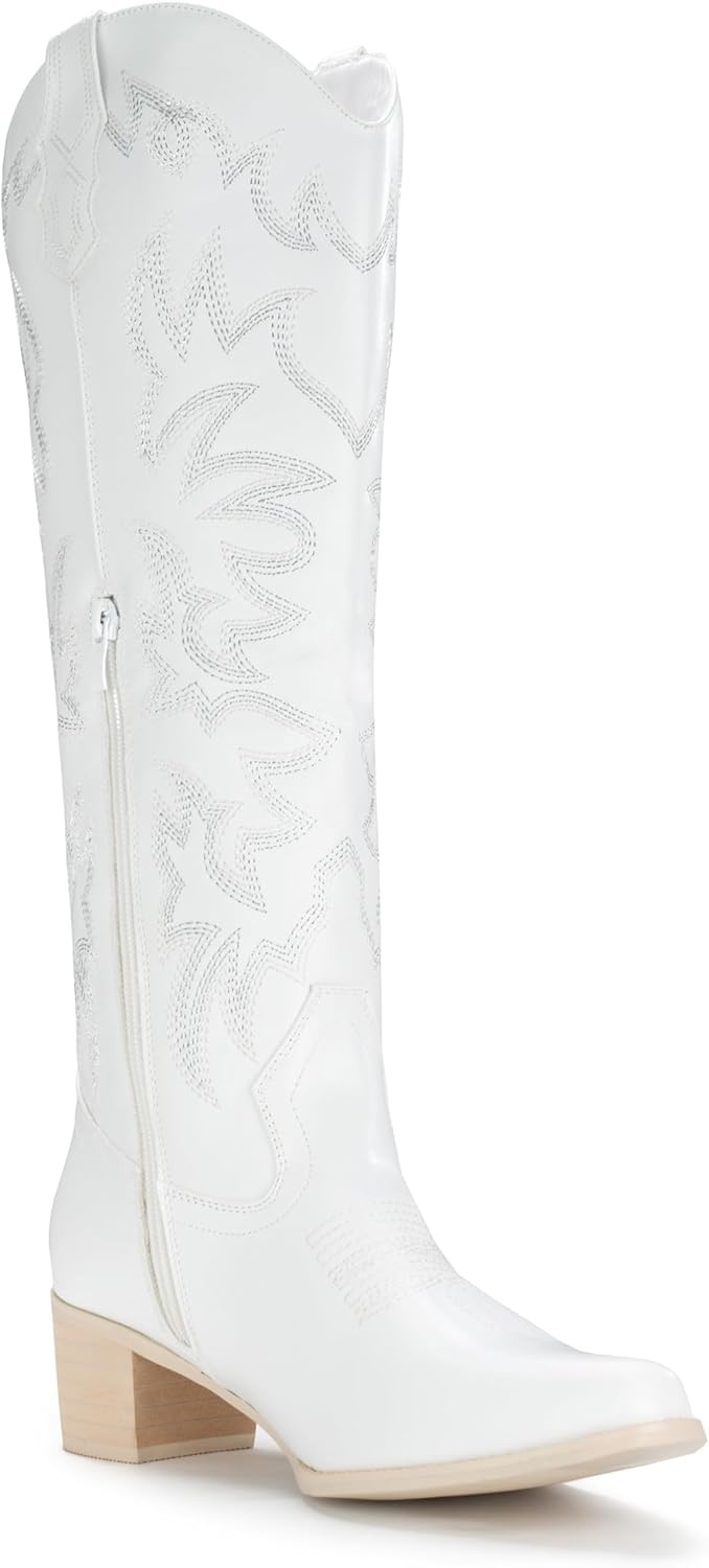 image:imageIUV Cowboy Boots For Women Knee High Western Cowgirl Boots Snip Toe Side Zipper Chunky HeelWhite