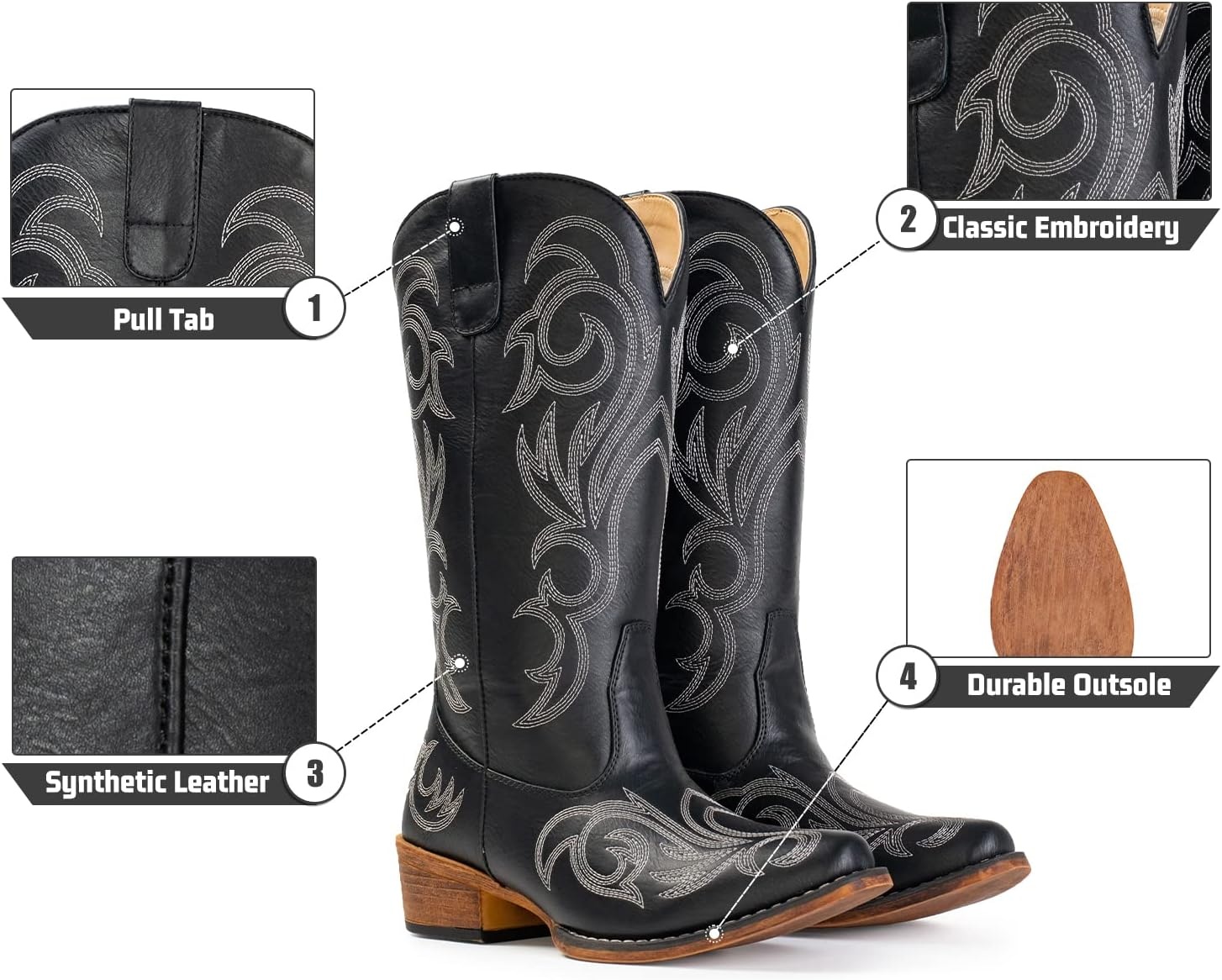 image:imageIUV Cowboy Boots For Women Mid Calf Cowgirl Boots Pointy Toe Western BootBlack