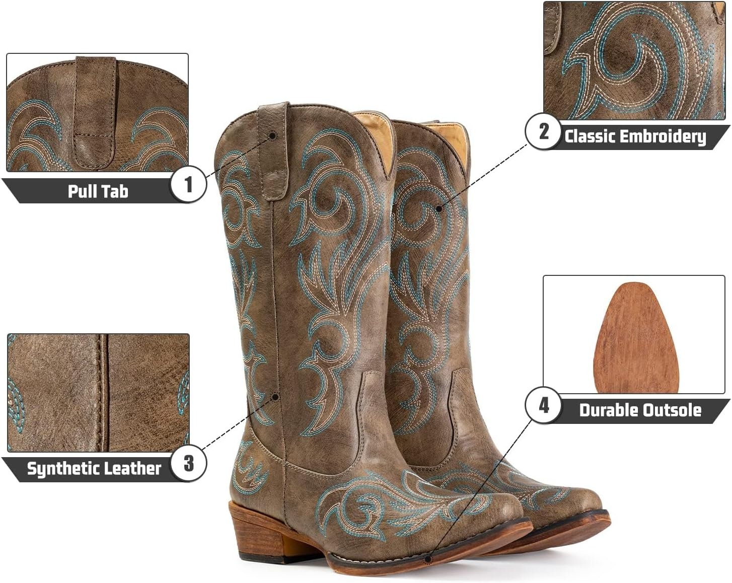 image:imageIUV Cowboy Boots For Women Mid Calf Cowgirl Boots Pointy Toe Western BootBrown