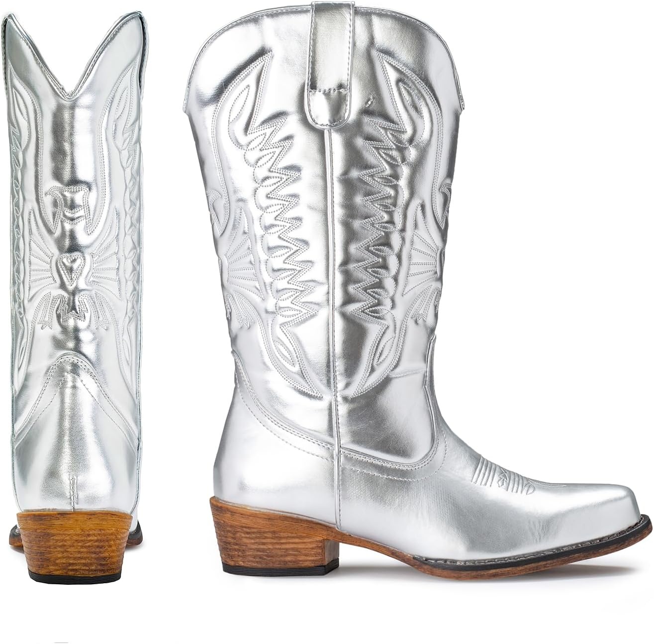 image:imageIUV Cowboy Boots For Women Mid Calf Cowgirl Boots Pointy Toe Western BootBsilver