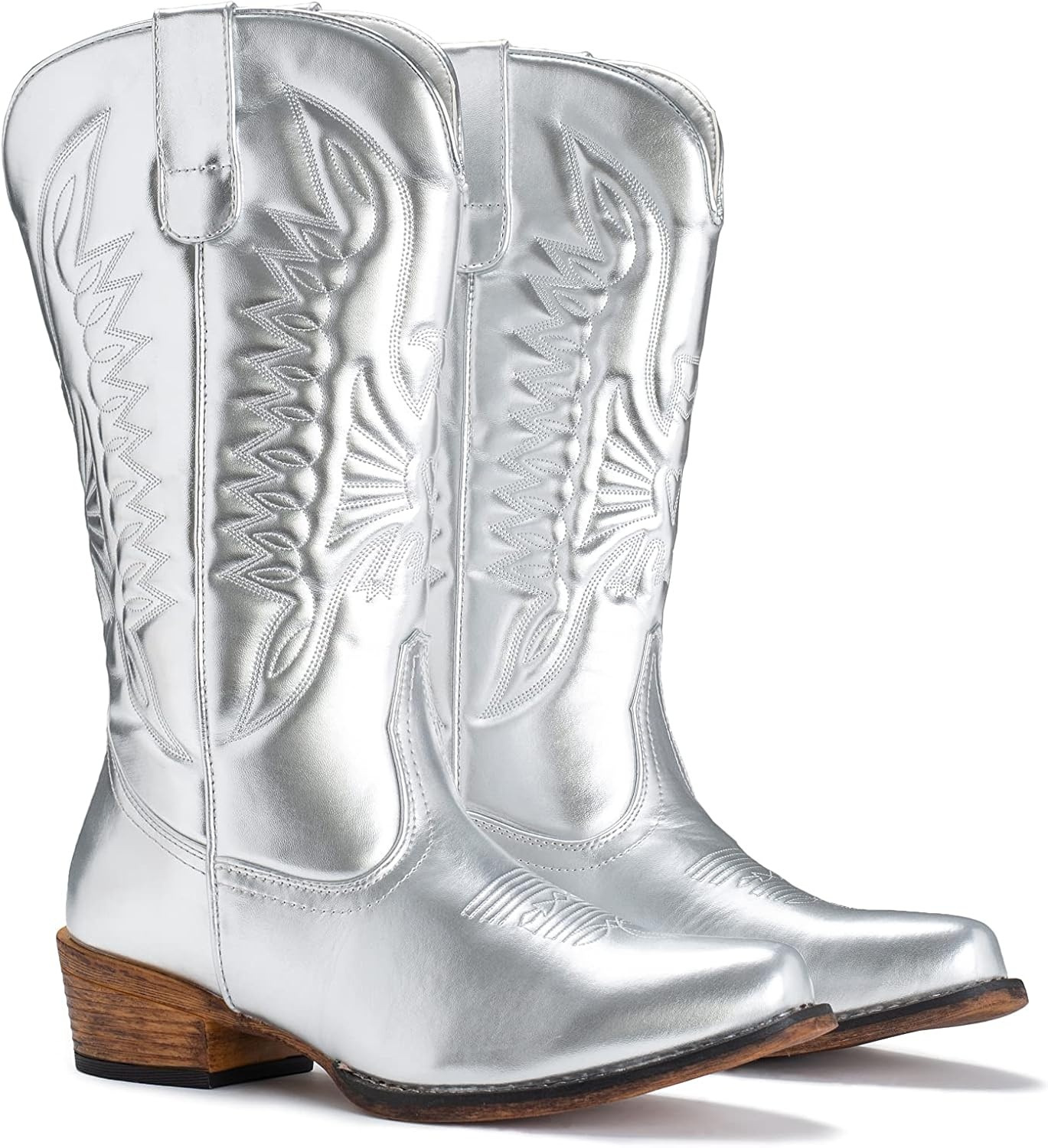 image:imageIUV Cowboy Boots For Women Mid Calf Cowgirl Boots Pointy Toe Western BootBsilver