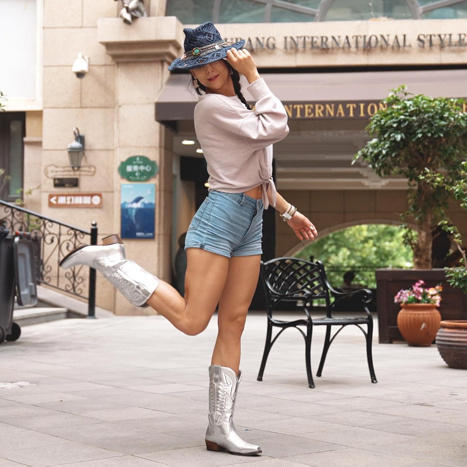 image:imageIUV Cowboy Boots For Women Mid Calf Cowgirl Boots Pointy Toe Western BootBsilver