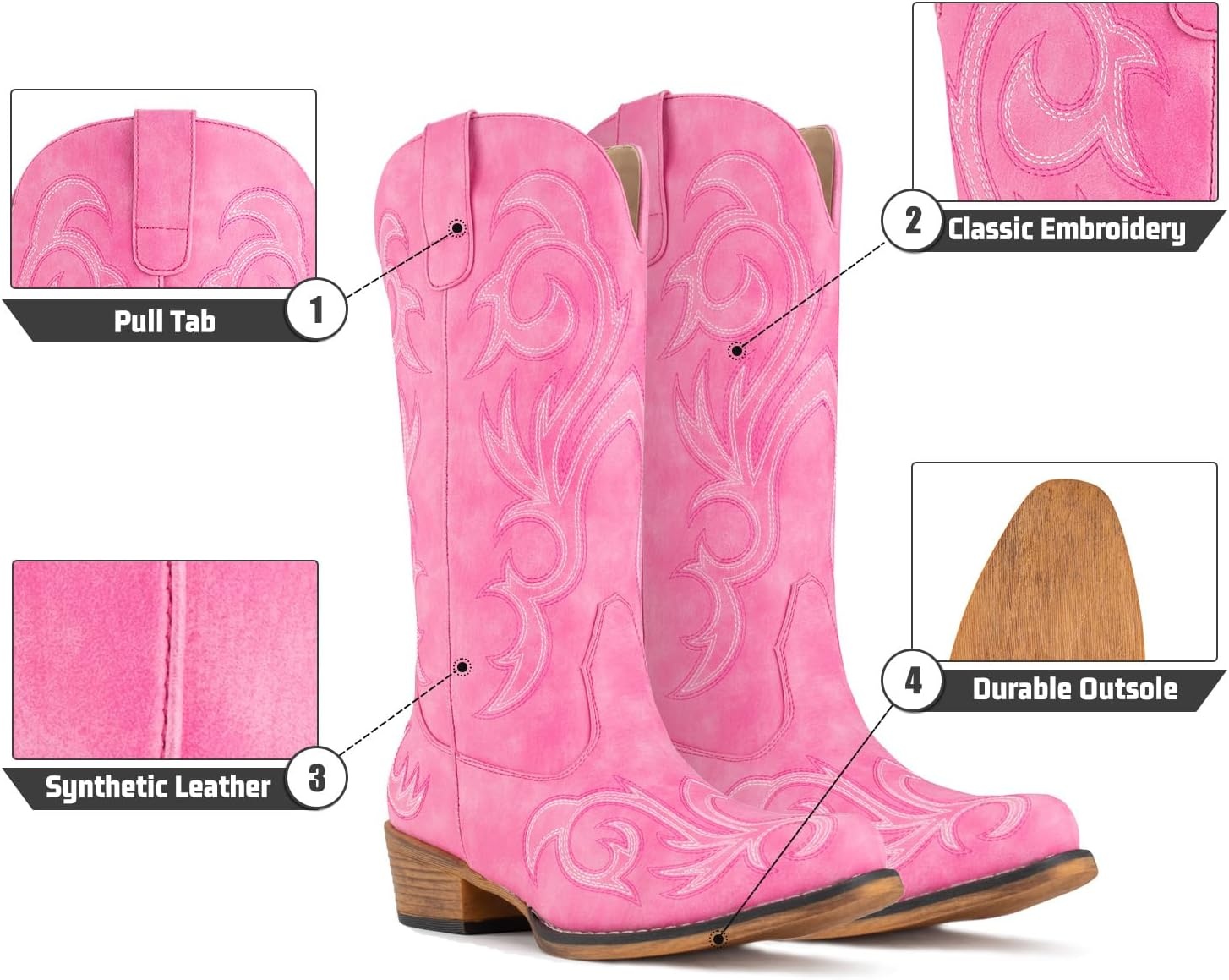 image:imageIUV Cowboy Boots For Women Mid Calf Cowgirl Boots Pointy Toe Western BootPink