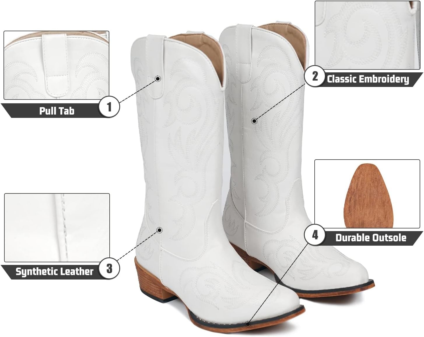 image:imageIUV Cowboy Boots For Women Mid Calf Cowgirl Boots Pointy Toe Western BootWhite