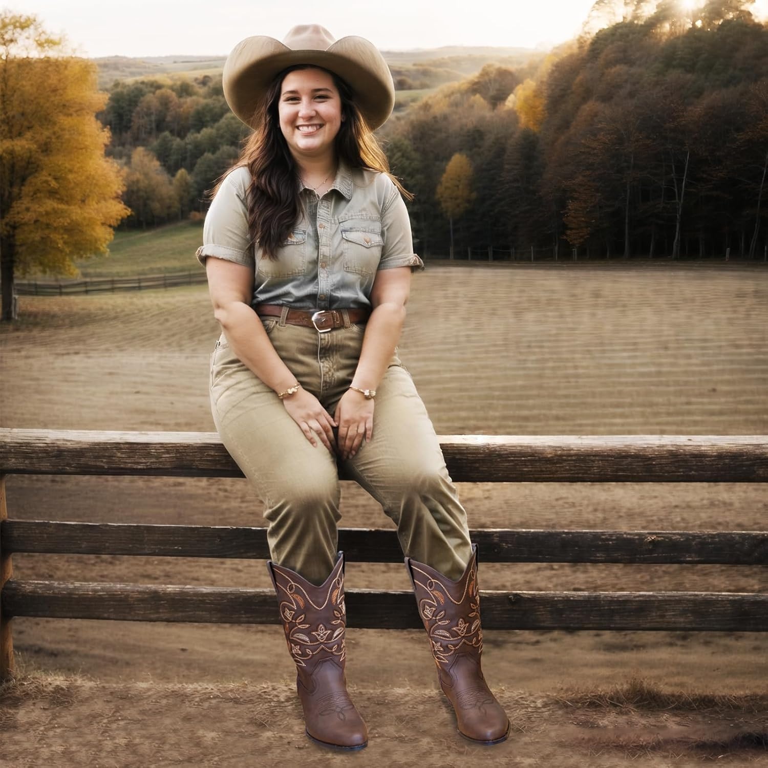 image:imageIUV Cowboy Boots For Women Pointy Toe Womens Western Boots Cowgirl Boots Mid Calf BootsBrown