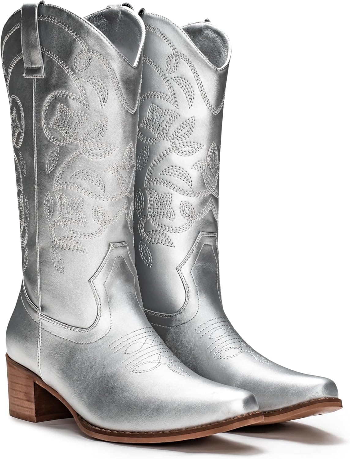 image:imageIUV Cowboy Boots For Women Pointy Toe Womens Western Boots Cowgirl Boots Mid Calf BootsSilver