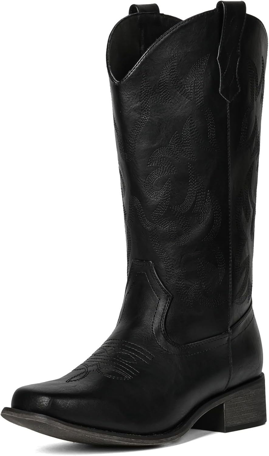 image:imageIUV Cowboy Boots For Women Square Toe Black Wide Cowgirl Mid Calf Western Pull On Fashion Brown Cowboy BootsAll Black