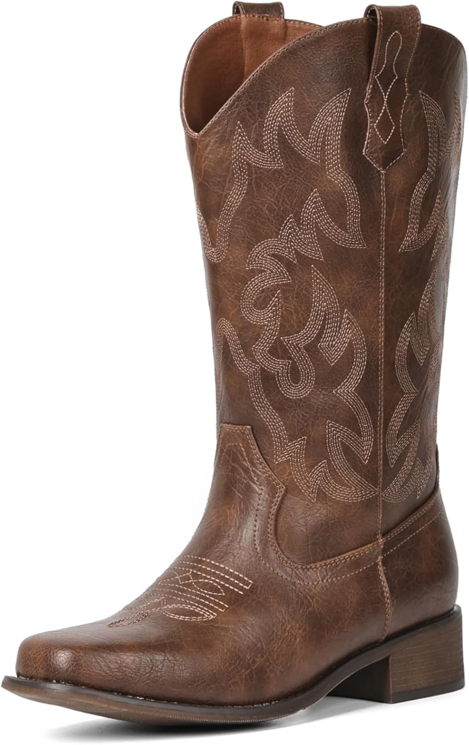 image:imageIUV Cowboy Boots For Women Square Toe Black Wide Cowgirl Mid Calf Western Pull On Fashion Brown Cowboy BootsBrown