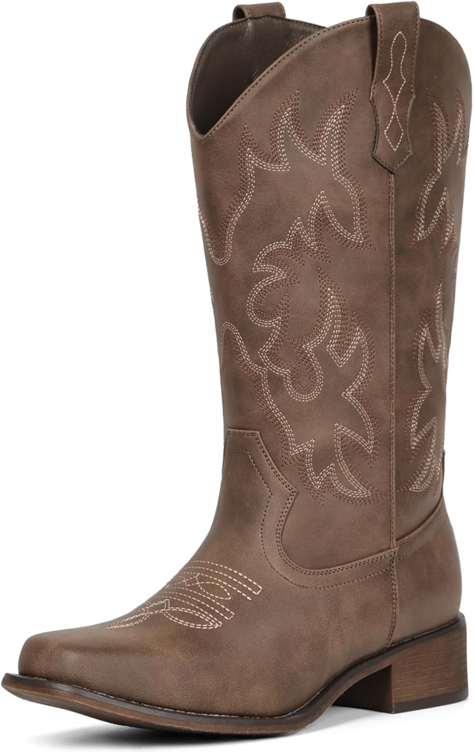 image:imageIUV Cowboy Boots For Women Square Toe Black Wide Cowgirl Mid Calf Western Pull On Fashion Brown Cowboy BootsCoffee
