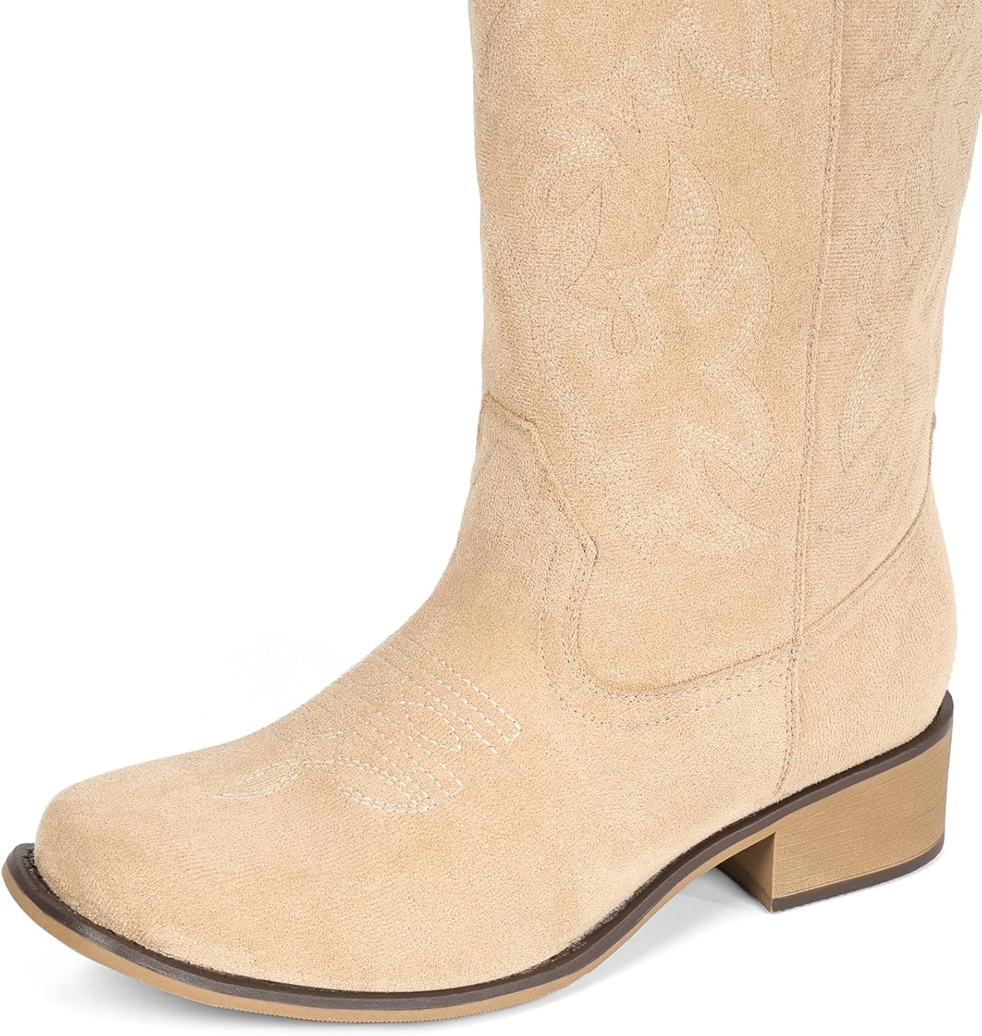 image:imageIUV Cowboy Boots For Women Square Toe Black Wide Cowgirl Mid Calf Western Pull On Fashion Brown Cowboy BootsSuede Beige