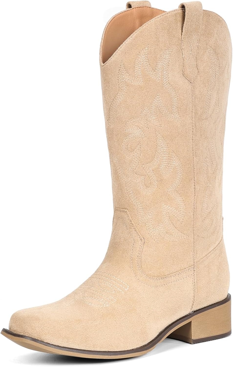 image:imageIUV Cowboy Boots For Women Square Toe Black Wide Cowgirl Mid Calf Western Pull On Fashion Brown Cowboy BootsSuede Beige
