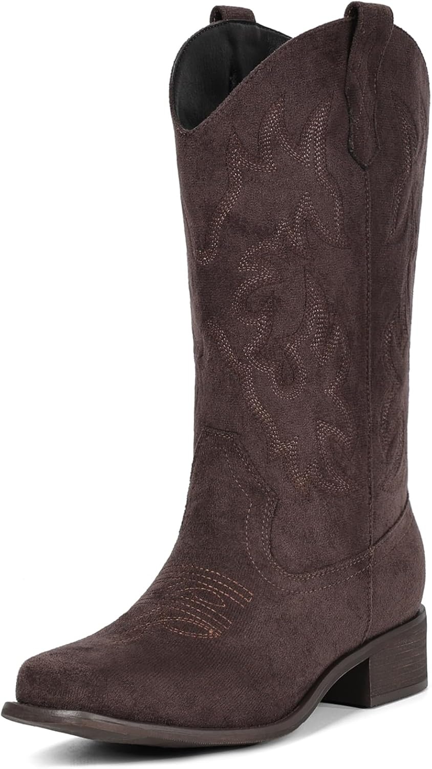 image:imageIUV Cowboy Boots For Women Square Toe Black Wide Cowgirl Mid Calf Western Pull On Fashion Brown Cowboy BootsSuede Coffee