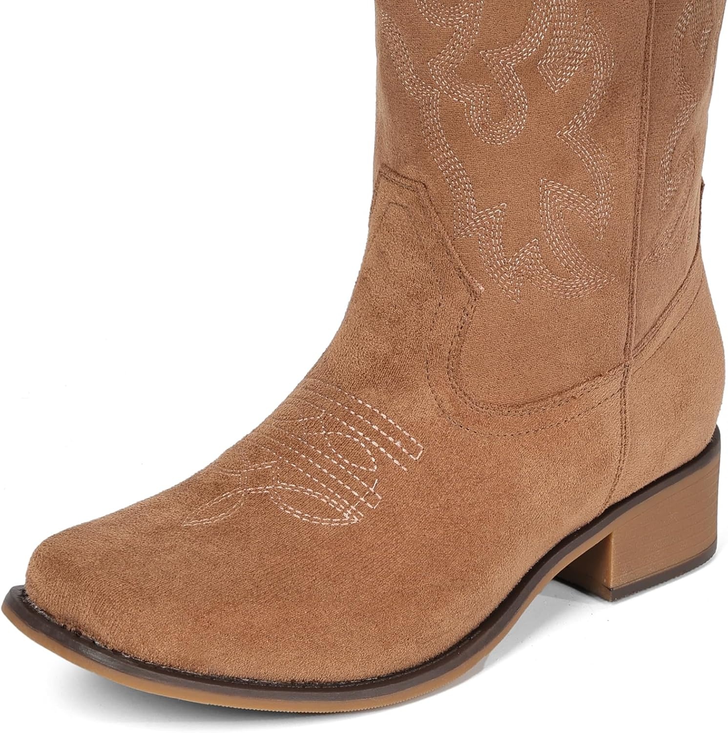 image:imageIUV Cowboy Boots For Women Square Toe Black Wide Cowgirl Mid Calf Western Pull On Fashion Brown Cowboy BootsSuede Light Brown