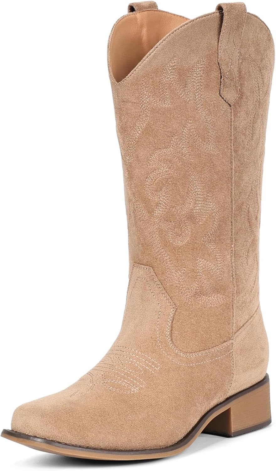 image:imageIUV Cowboy Boots For Women Square Toe Black Wide Cowgirl Mid Calf Western Pull On Fashion Brown Cowboy BootsSuede Taupe