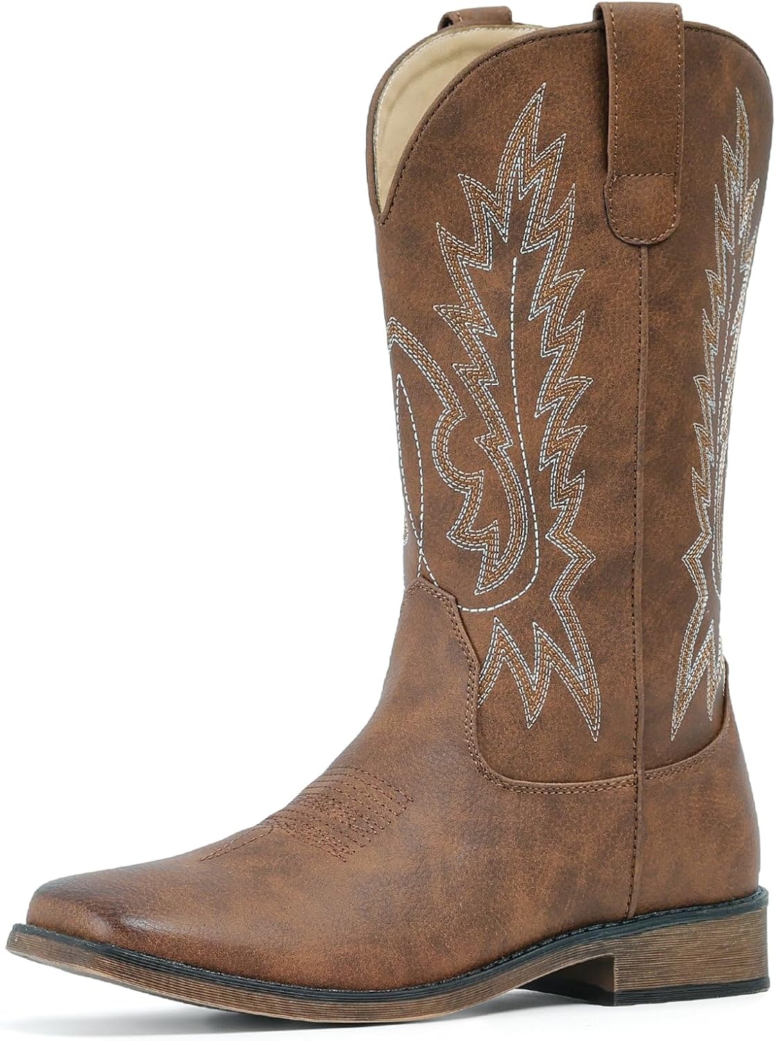 image:imageIUV Cowboy Boots For Women Square Toe Wide Western Boots Mid Calf Cowgirl Boots Pull On Embroidered Brown Cowboy BootsChestnut