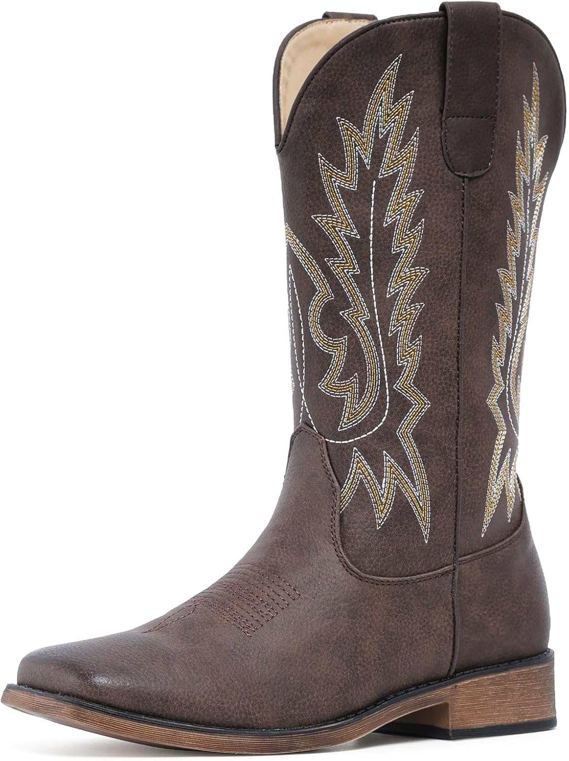 image:imageIUV Cowboy Boots For Women Square Toe Wide Western Boots Mid Calf Cowgirl Boots Pull On Embroidered Brown Cowboy BootsKhaki