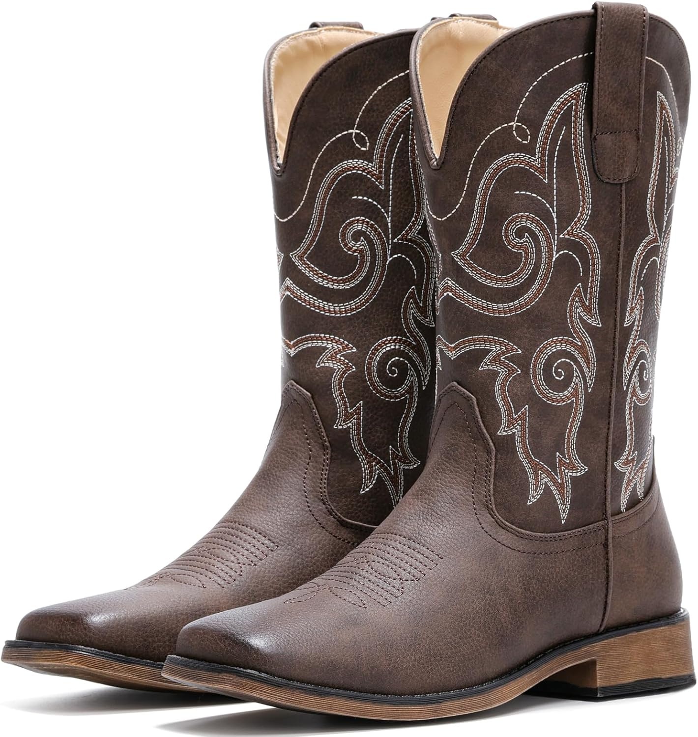 image:imageIUV Cowboy Boots For Women Square Toe Wide Western Boots Mid Calf Cowgirl Boots Pull On Fashion Embroidered Cowboy BootsBrown