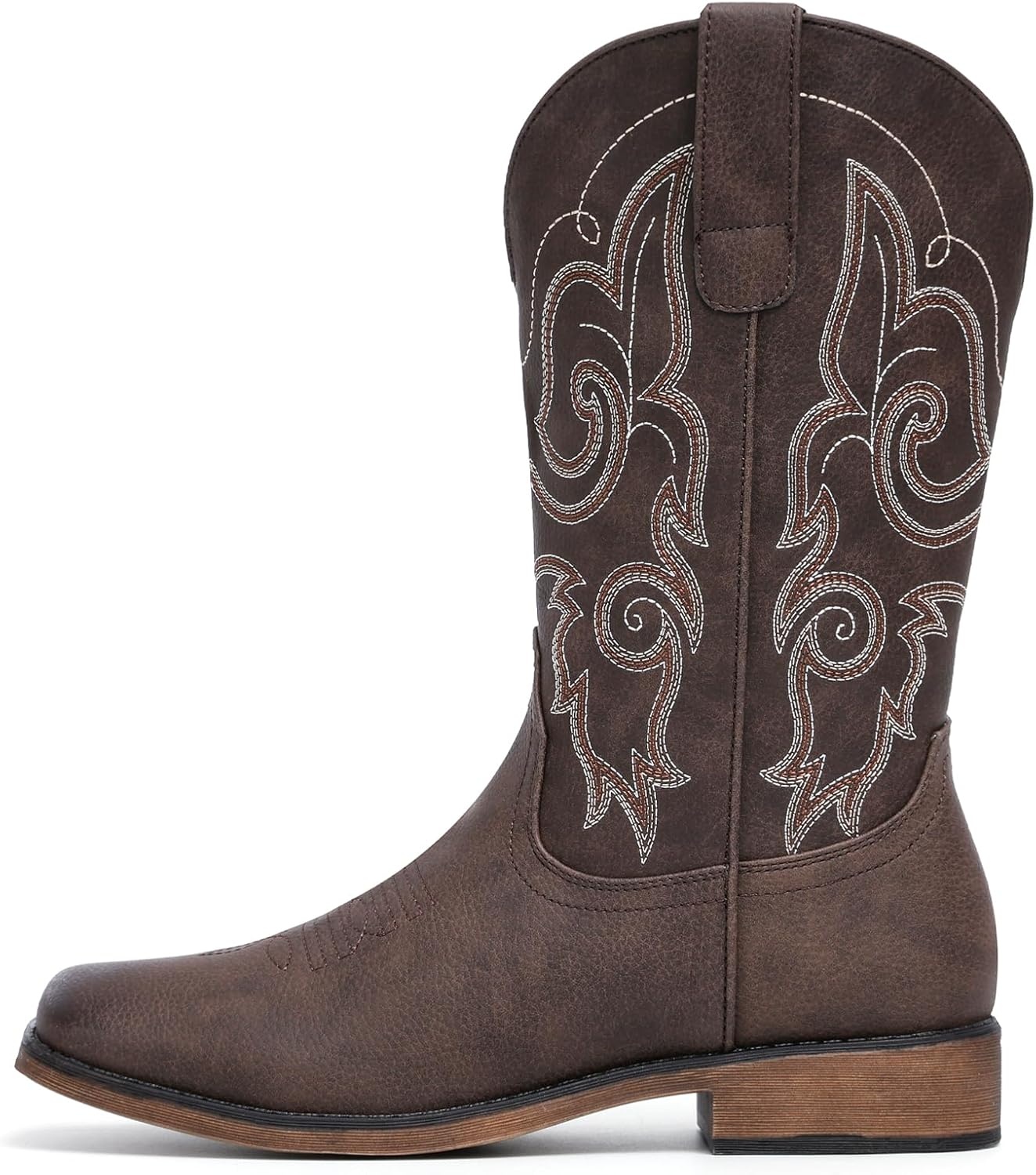 image:imageIUV Cowboy Boots For Women Square Toe Wide Western Boots Mid Calf Cowgirl Boots Pull On Fashion Embroidered Cowboy BootsBrown