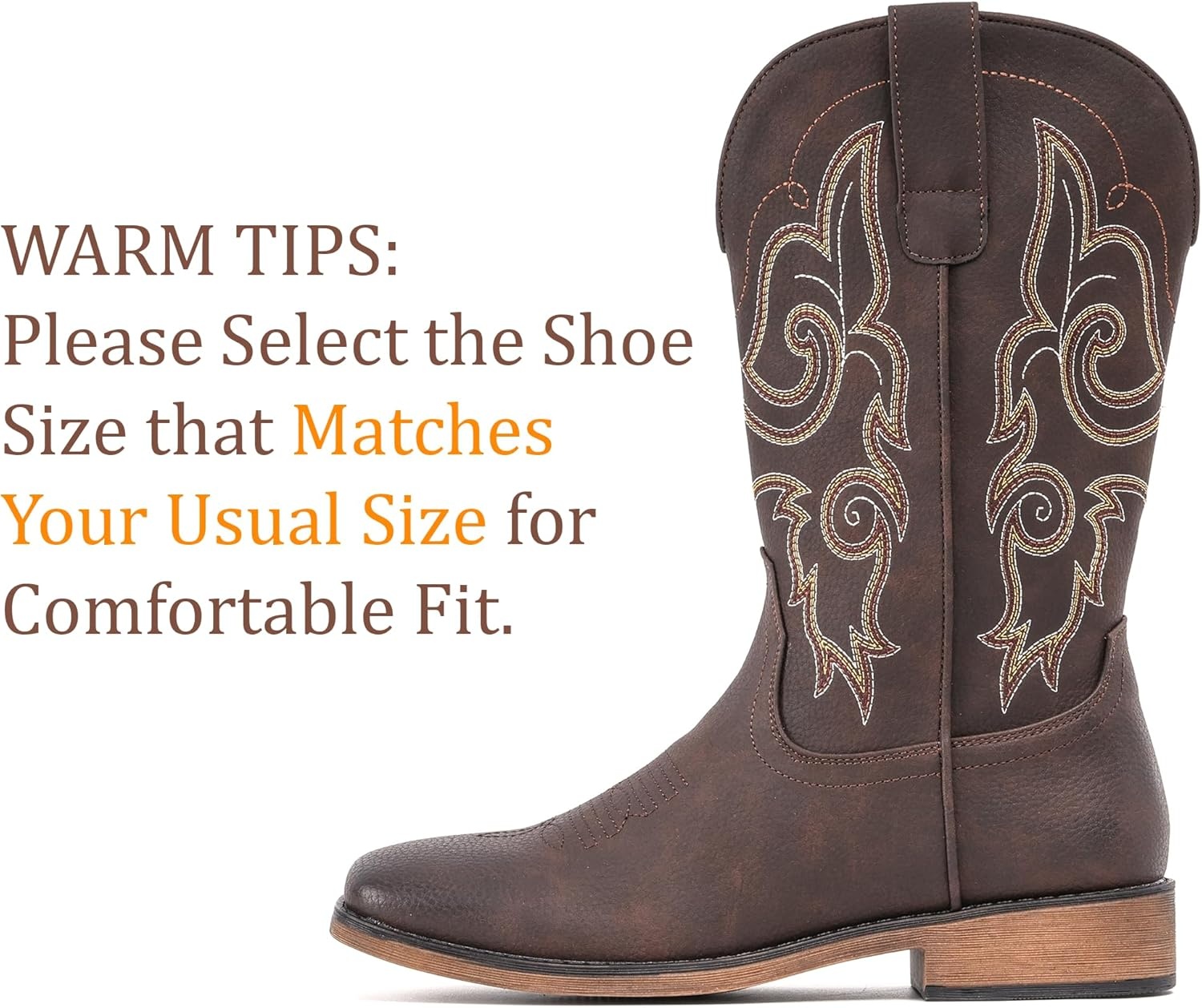 image:imageIUV Cowboy Boots For Women Square Toe Wide Western Boots Mid Calf Cowgirl Boots Pull On Fashion Embroidered Cowboy BootsDark Brown