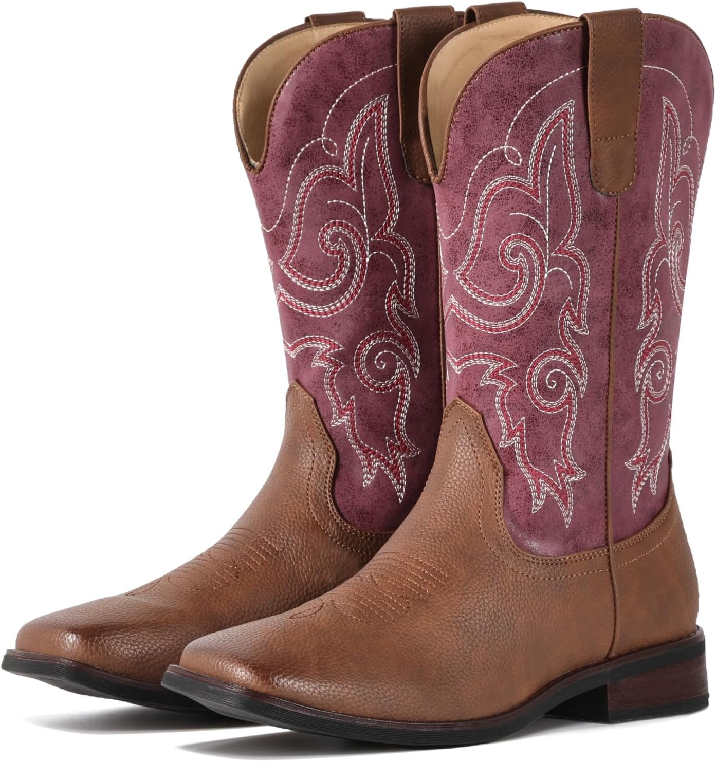 image:imageIUV Cowboy Boots For Women Square Toe Wide Western Boots Mid Calf Cowgirl Boots Pull On Fashion Embroidered Cowboy BootsWine Red