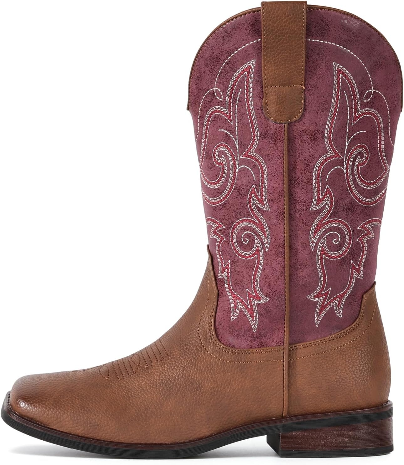 image:imageIUV Cowboy Boots For Women Square Toe Wide Western Boots Mid Calf Cowgirl Boots Pull On Fashion Embroidered Cowboy BootsWine Red