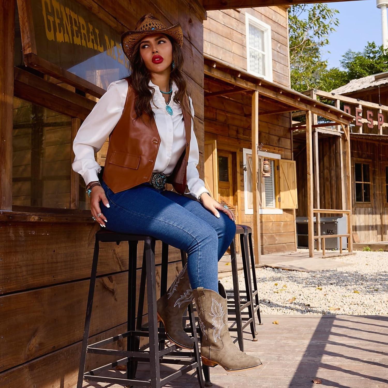 image:imageIUV Cowboy Boots For Women Western Boots Cowgirl Boots Pull On Pointy Toe Mid Calf BootsBlack