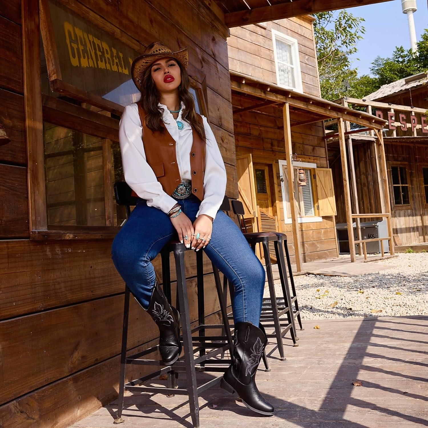 image:imageIUV Cowboy Boots For Women Western Boots Cowgirl Boots Pull On Pointy Toe Mid Calf BootsBlack