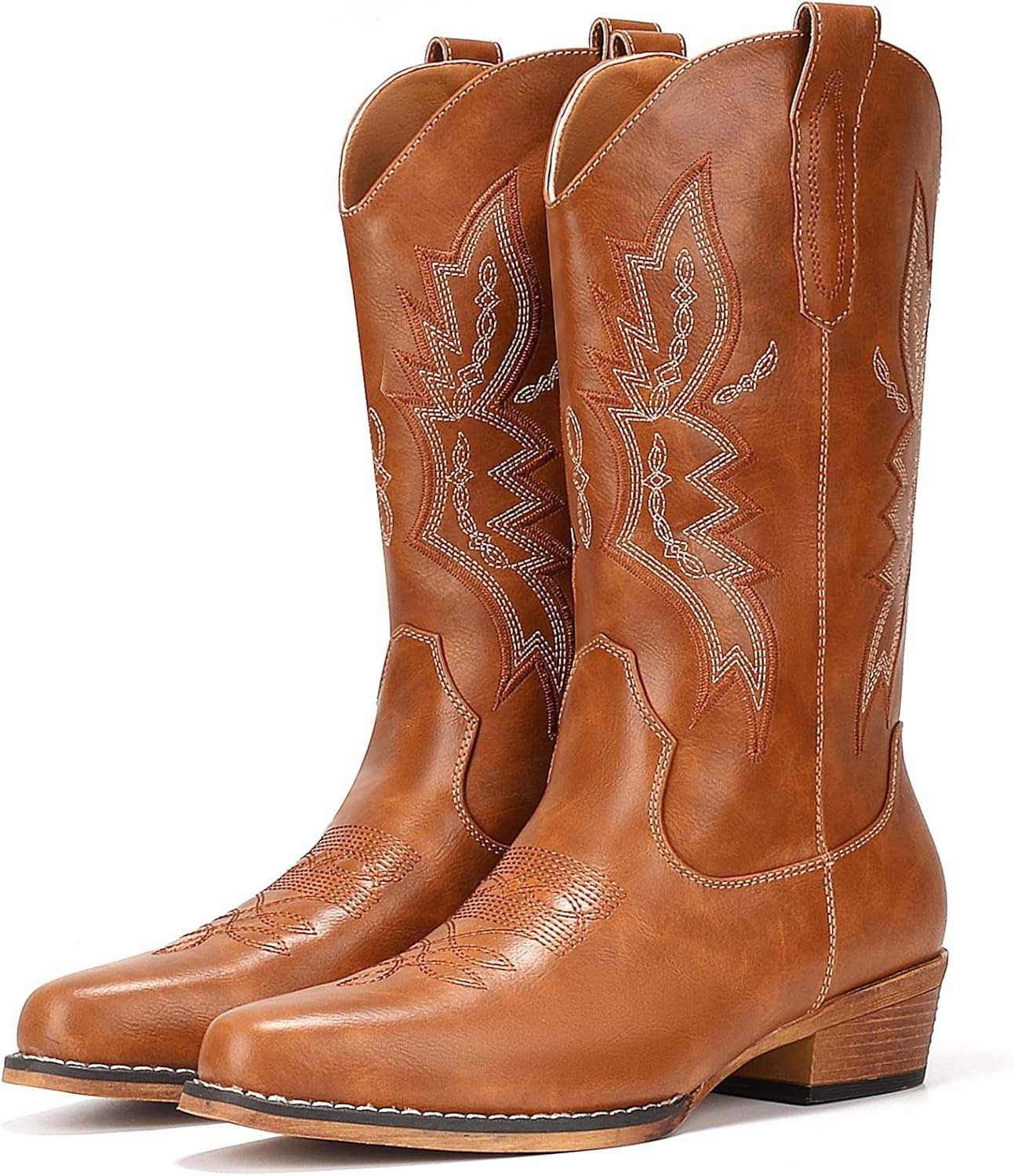 image:imageIUV Cowboy Boots For Women Western Boots Cowgirl Boots Pull On Pointy Toe Mid Calf BootsChestnut