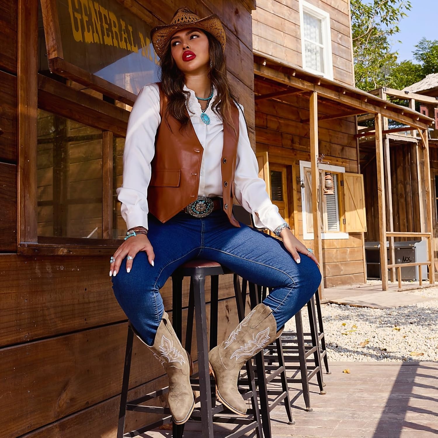 image:imageIUV Cowboy Boots For Women Western Boots Cowgirl Boots Pull On Pointy Toe Mid Calf BootsKhaki