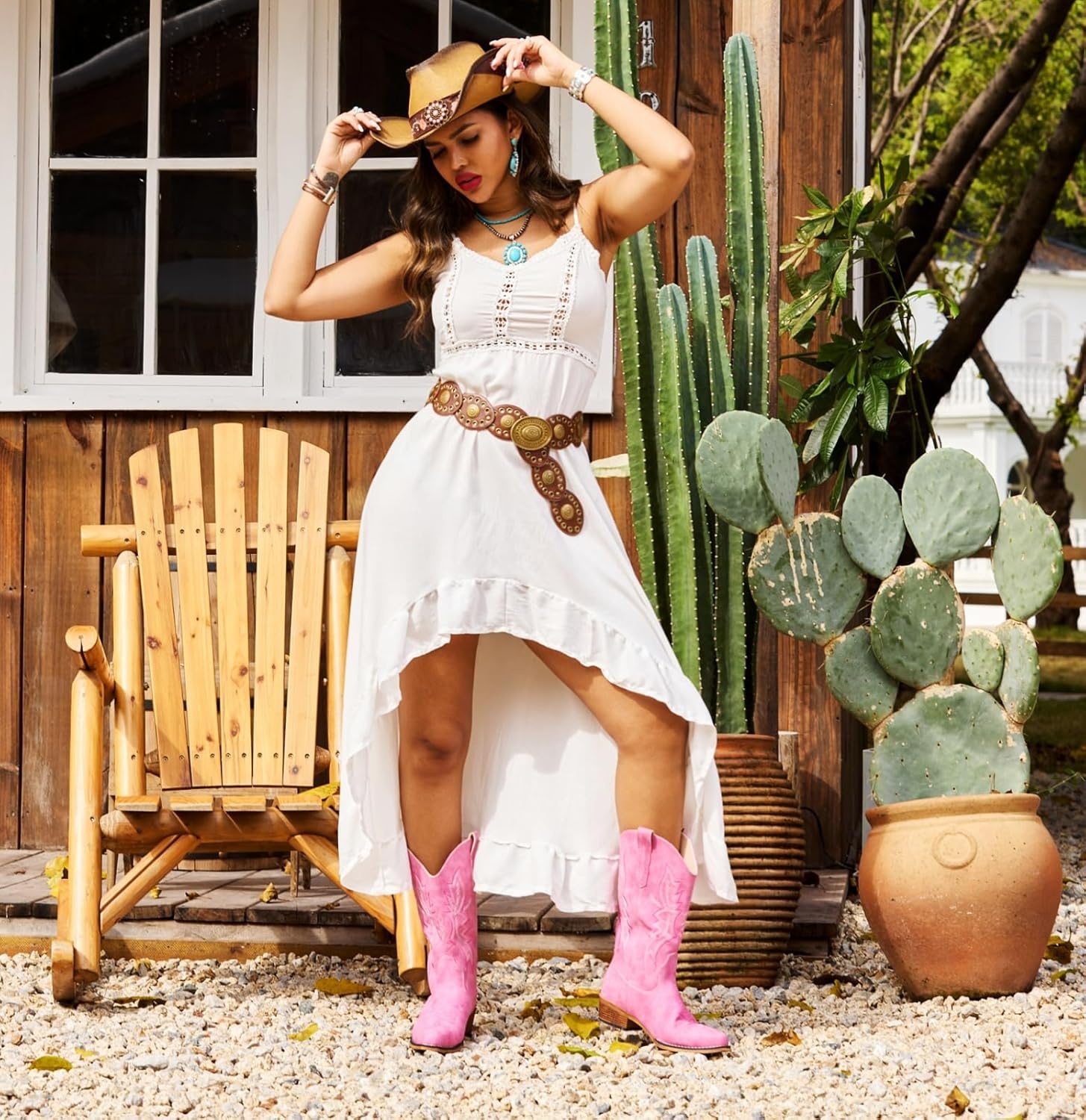 image:imageIUV Cowboy Boots For Women Western Boots Cowgirl Boots Pull On Pointy Toe Mid Calf BootsPink