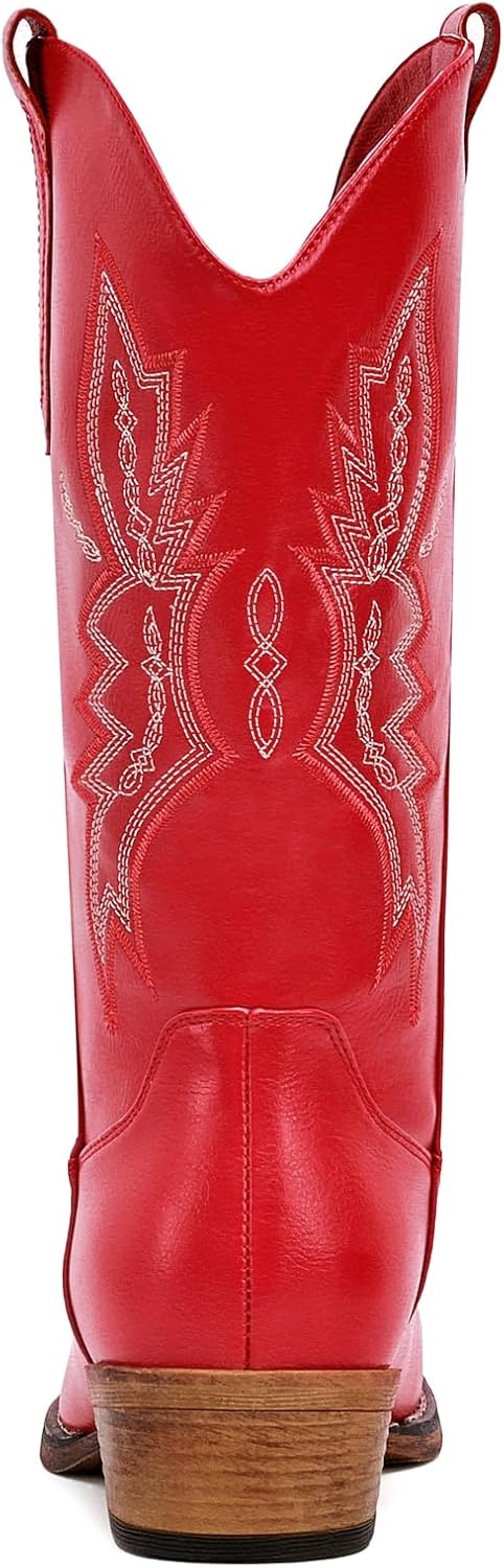 image:imageIUV Cowboy Boots For Women Western Boots Cowgirl Boots Pull On Pointy Toe Mid Calf BootsRed