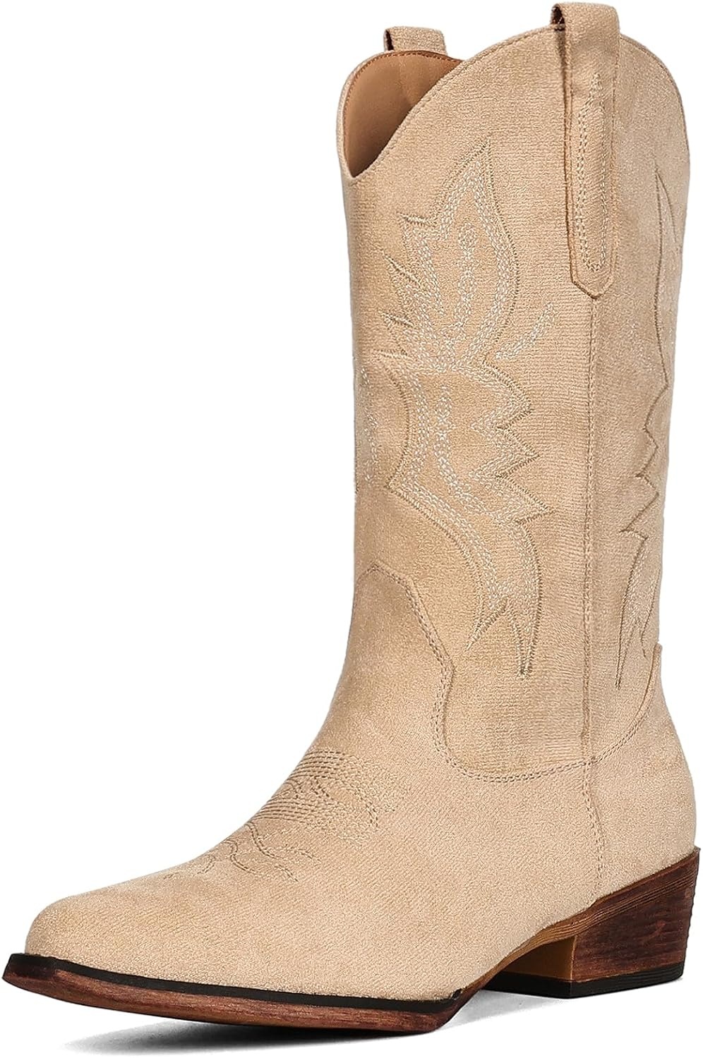 image:imageIUV Cowboy Boots For Women Western Boots Cowgirl Boots Pull On Pointy Toe Mid Calf BootsSuede Camel