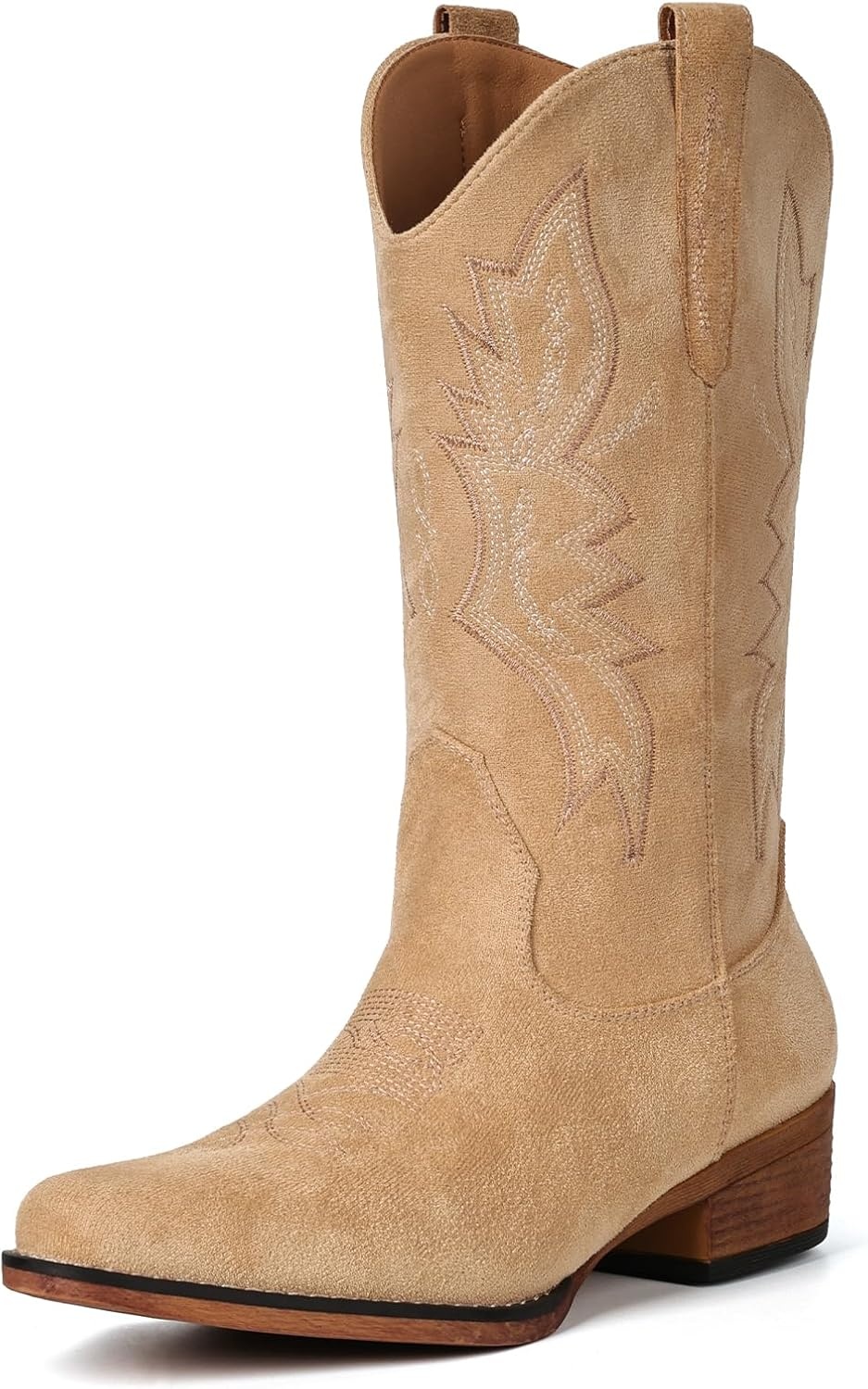 image:imageIUV Cowboy Boots For Women Western Boots Cowgirl Boots Pull On Pointy Toe Mid Calf BootsSuede Light Apricot