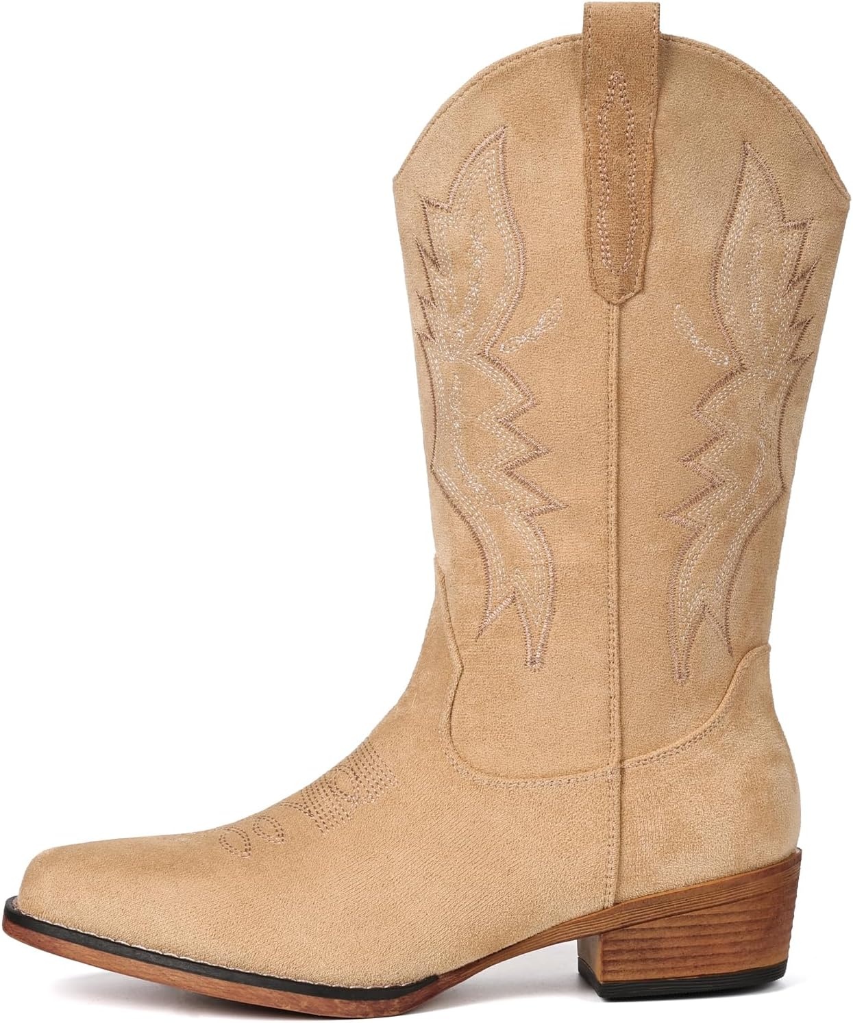 image:imageIUV Cowboy Boots For Women Western Boots Cowgirl Boots Pull On Pointy Toe Mid Calf BootsSuede Light Apricot