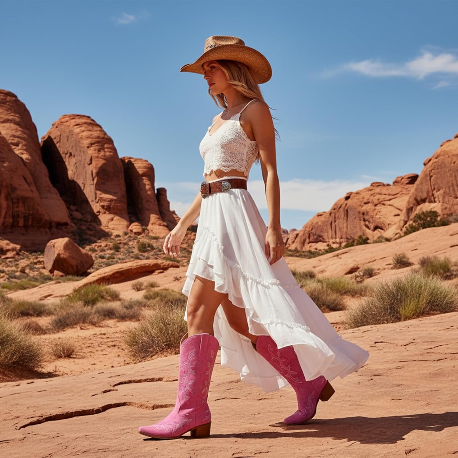 image:imageIUV Cowboy Boots For Women Western Boots Cowgirl Classic Fashion Embroidered Pointy Toe BootsPink
