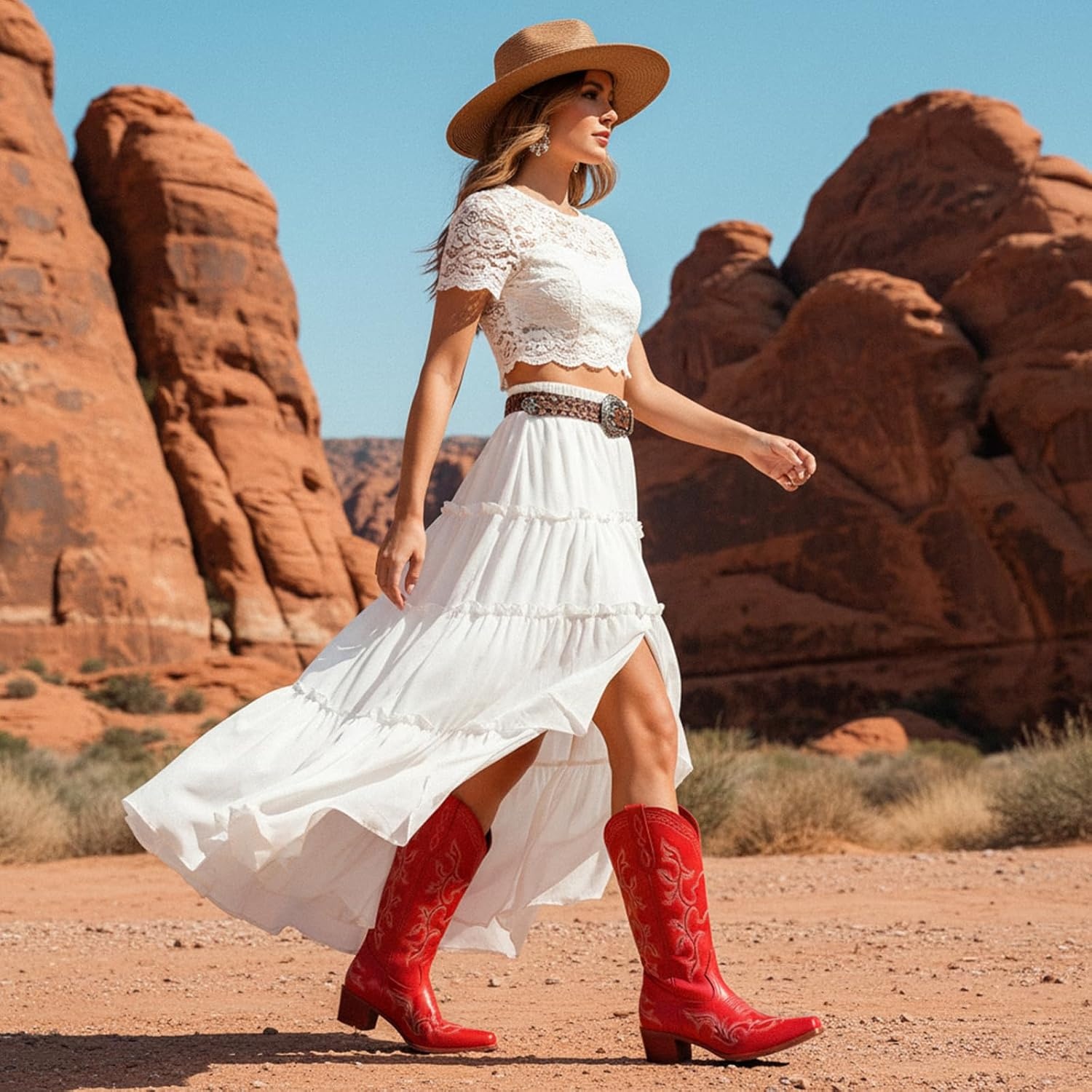 image:imageIUV Cowboy Boots For Women Western Boots Cowgirl Classic Fashion Embroidered Pointy Toe BootsRed