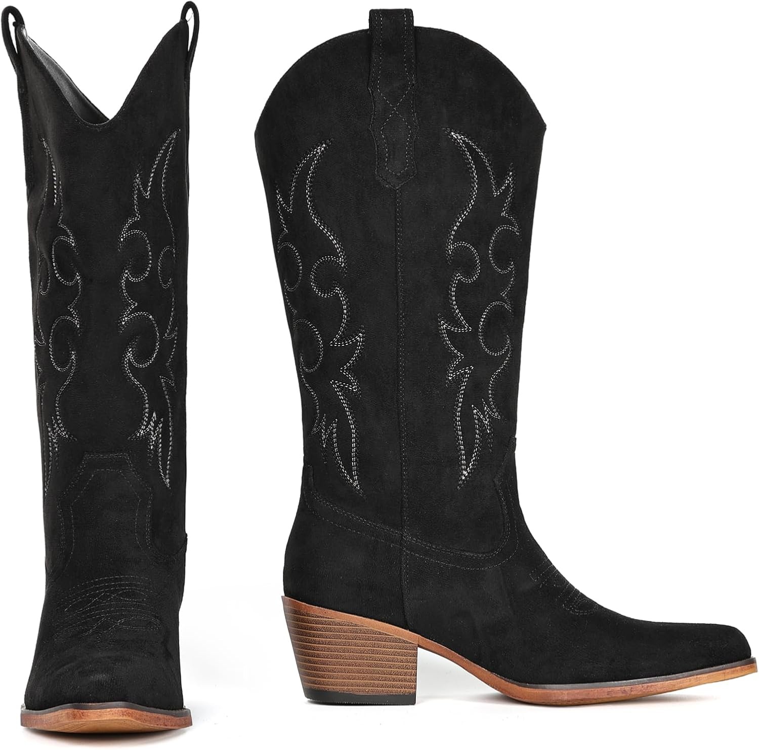 image:imageIUV Cowboy Boots For Women Western Cowgirl Boots Mid Calf Snip Toe Boot With Chunky HeelBlack Suede