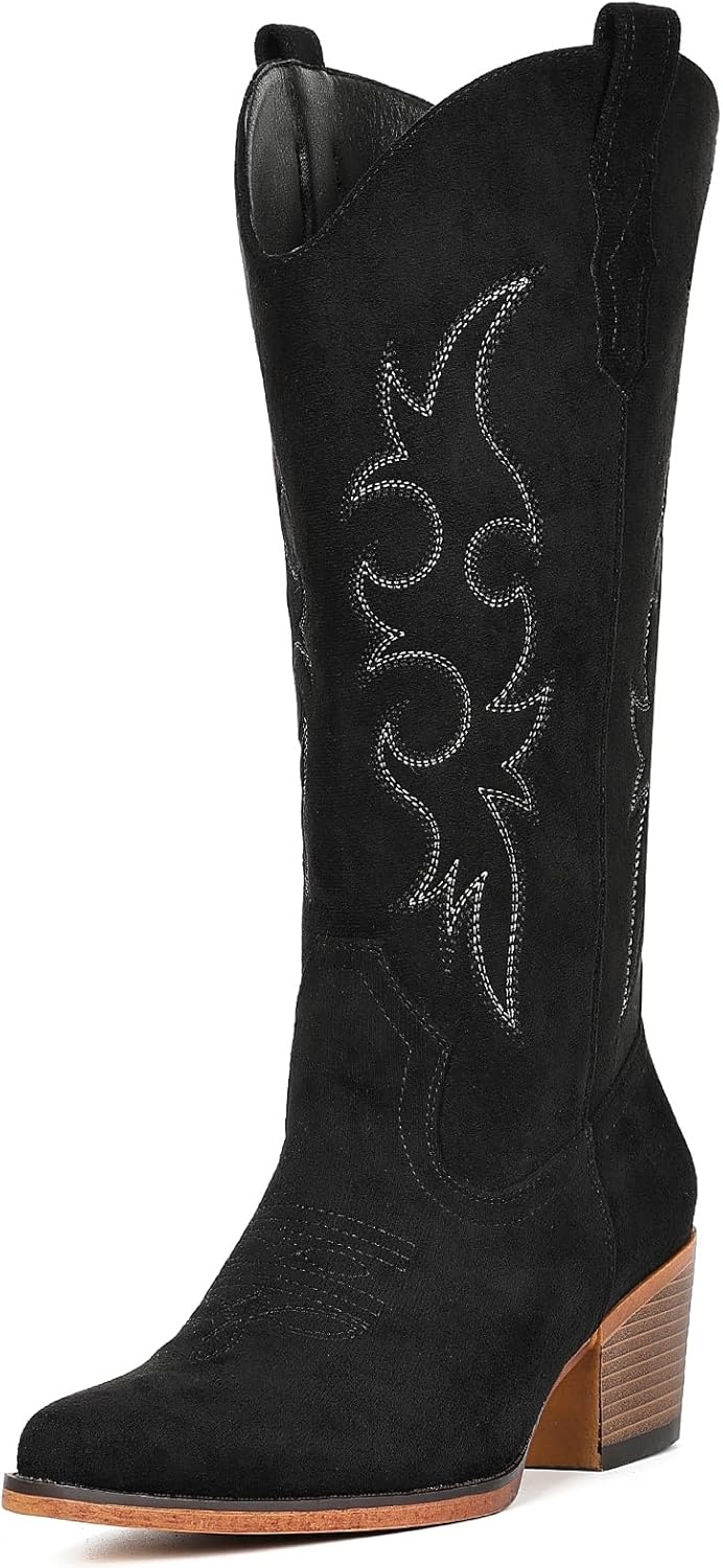 image:imageIUV Cowboy Boots For Women Western Cowgirl Boots Mid Calf Snip Toe Boot With Chunky HeelBlack Suede