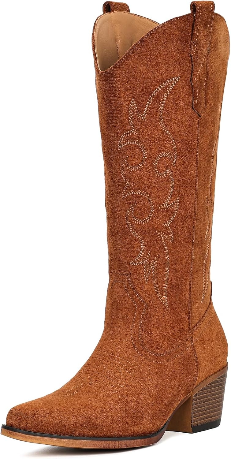 image:imageIUV Cowboy Boots For Women Western Cowgirl Boots Mid Calf Snip Toe Boot With Chunky HeelBrown Suede
