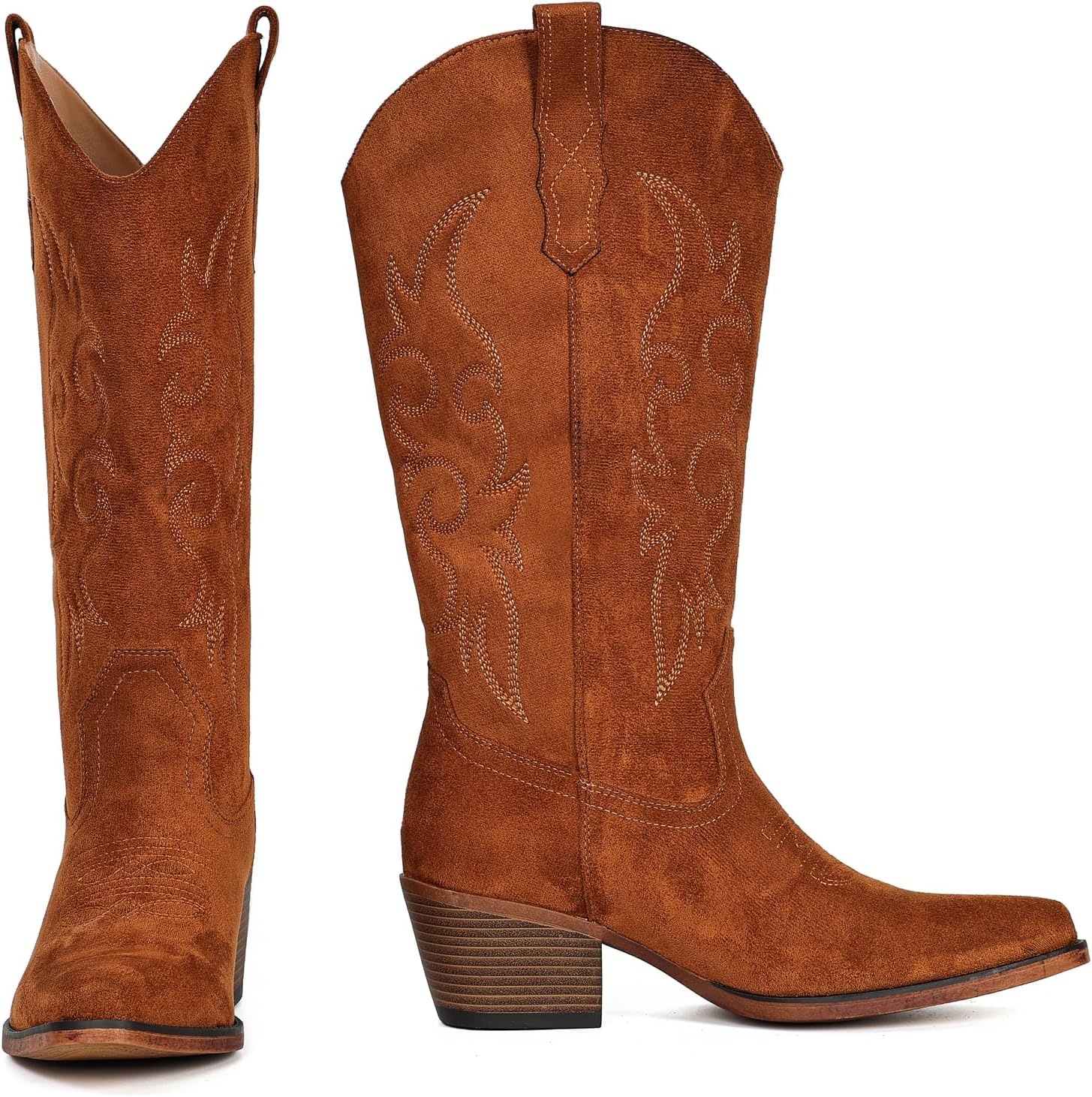 image:imageIUV Cowboy Boots For Women Western Cowgirl Boots Mid Calf Snip Toe Boot With Chunky HeelBrown Suede