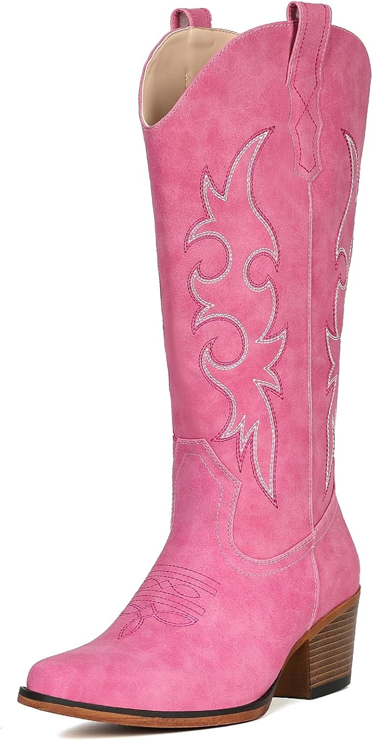 image:imageIUV Cowboy Boots For Women Western Cowgirl Boots Mid Calf Snip Toe Boot With Chunky HeelPink