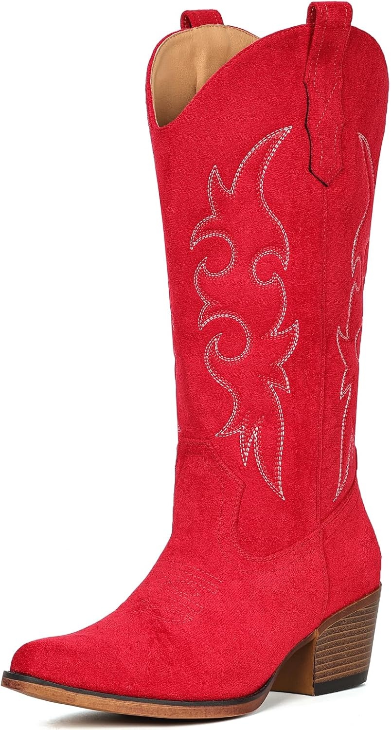 image:imageIUV Cowboy Boots For Women Western Cowgirl Boots Mid Calf Snip Toe Boot With Chunky HeelRed Suede