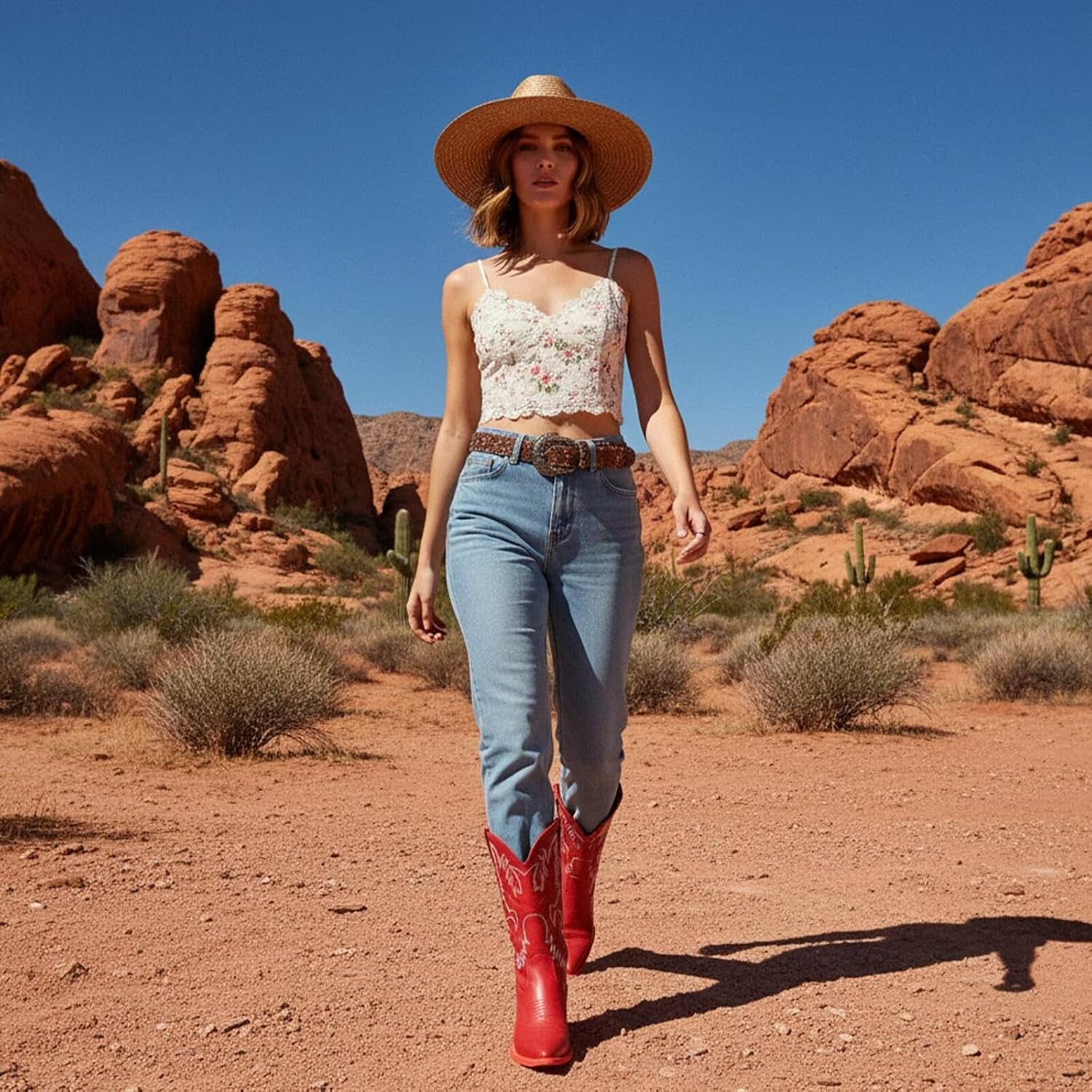 image:imageIUV Cowboy Boots For Women Western Cowgirl Boots Pull On Pointy Toe Mid CalfRed