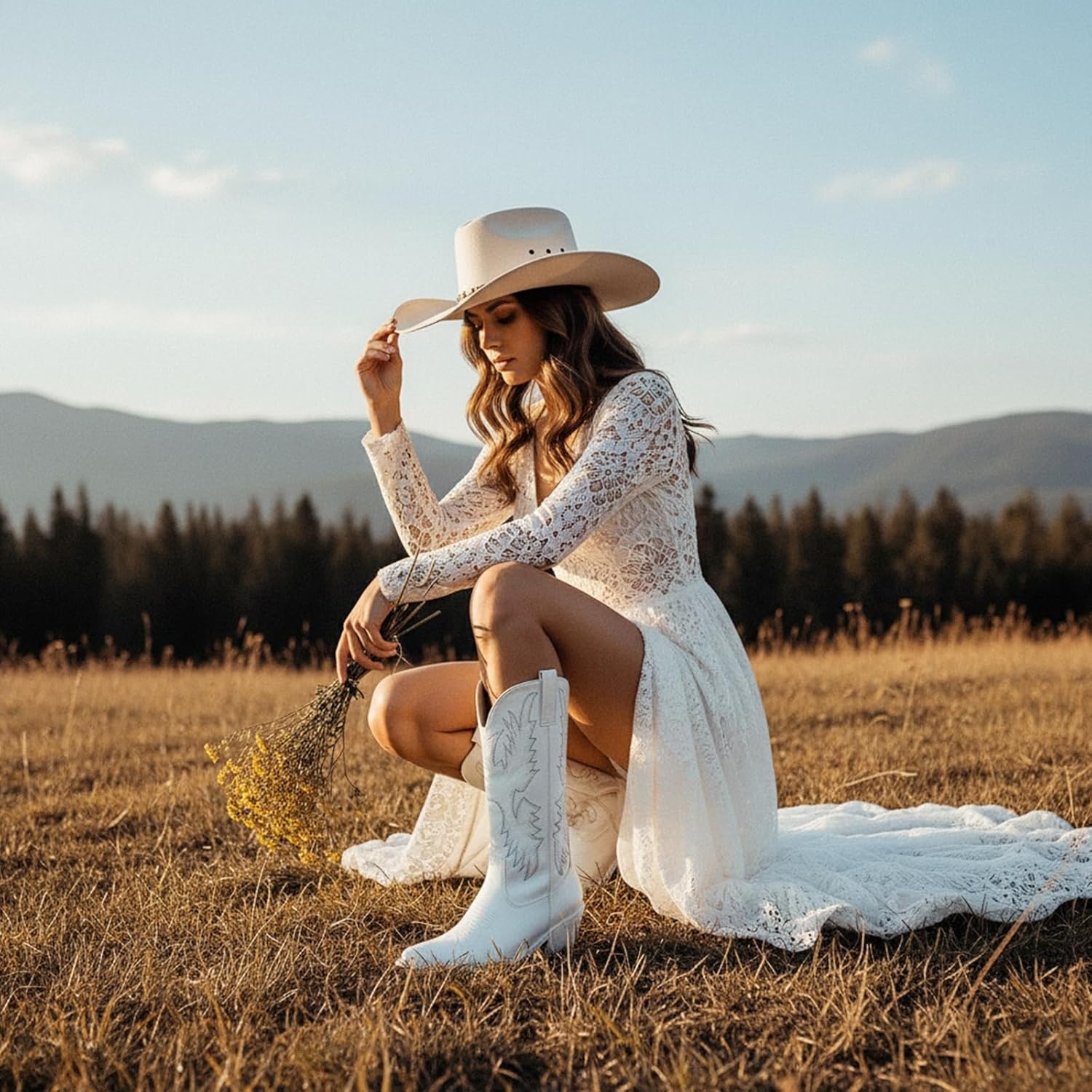 image:imageIUV Cowboy Boots For Women Western Cowgirl Boots Pull On Pointy Toe Mid CalfWhite