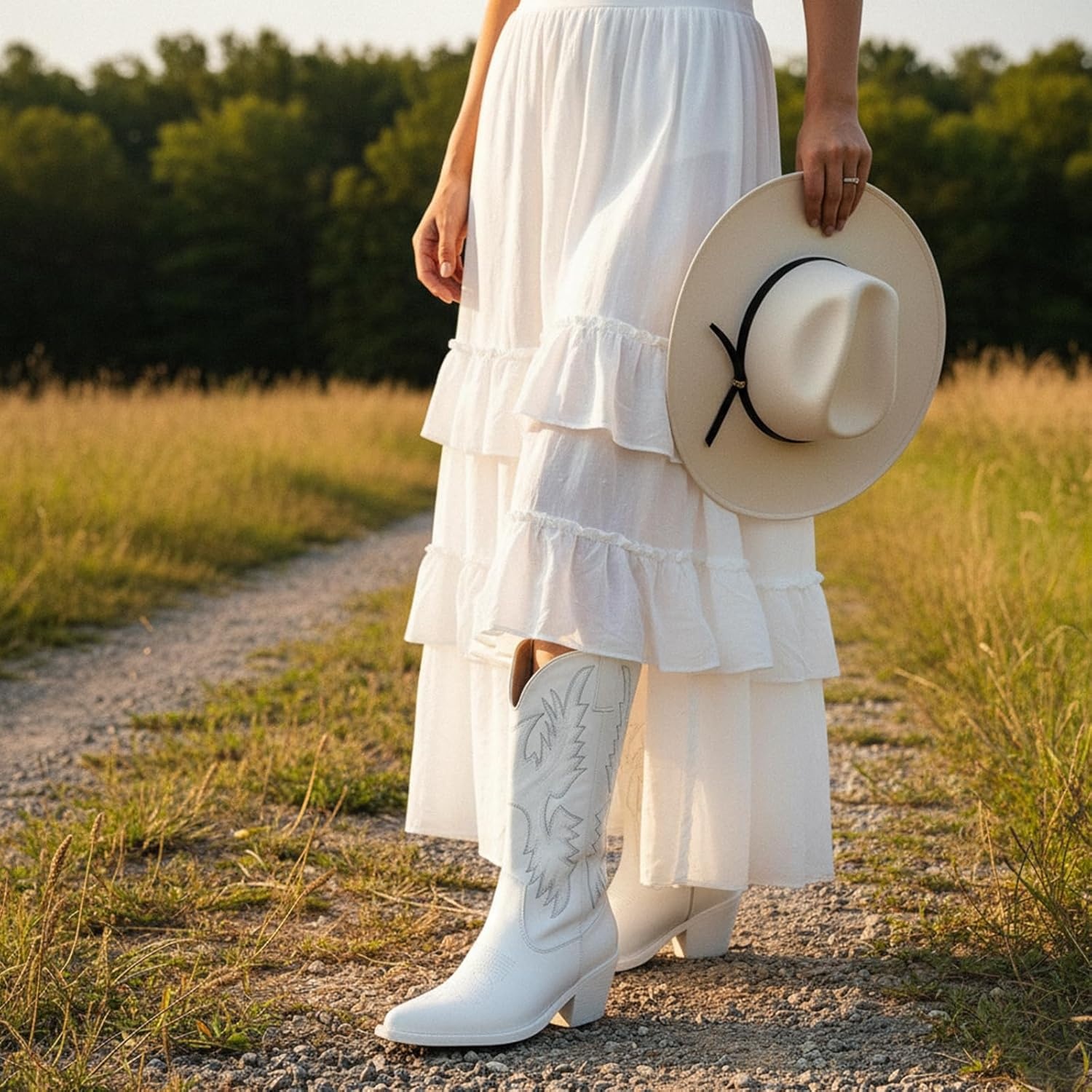 image:imageIUV Cowboy Boots For Women Western Cowgirl Boots Pull On Pointy Toe Mid CalfWhite