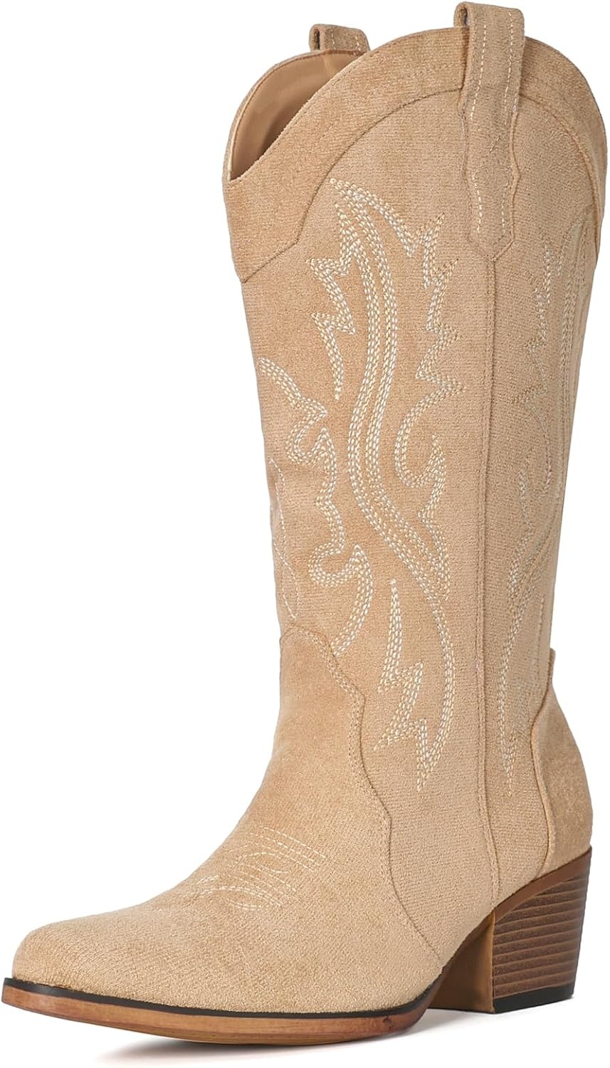 image:imageIUV Cowboy Boots For Women Western Cowgirl Boots with Chunky Heel Mid Calf Snip Toe Ideal for low instepsApricot Suede
