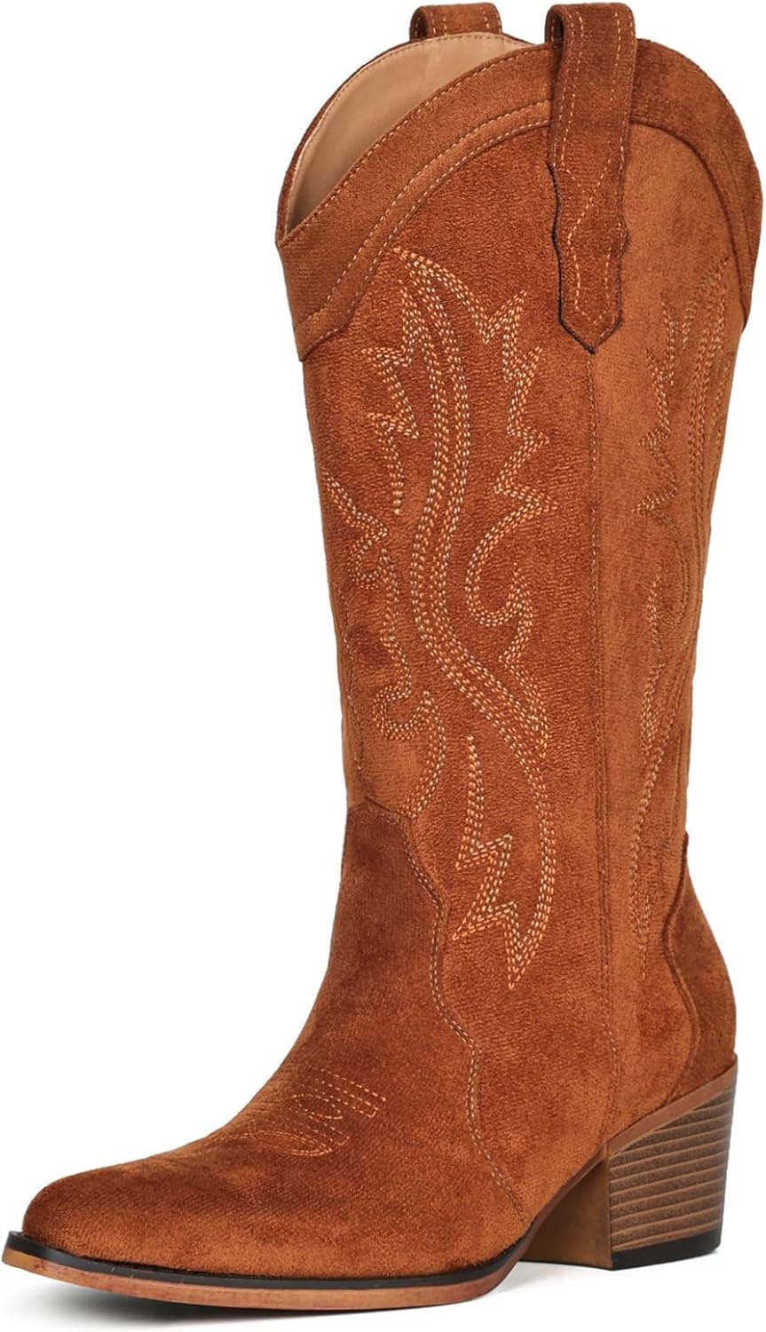 image:imageIUV Cowboy Boots For Women Western Cowgirl Boots with Chunky Heel Mid Calf Snip Toe Ideal for low instepsBrown Suede